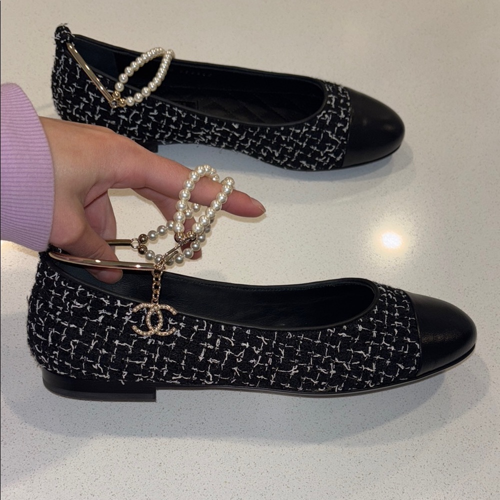 Like New Chanel Tweed Pearl Ankle Strap Ballet Flats Size 7.5
